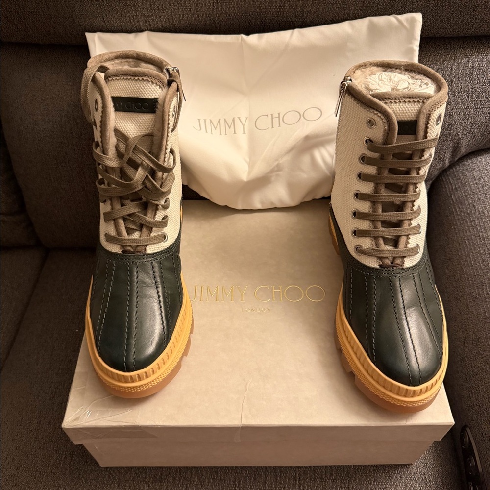Jimmy Choo Sea Green and Latte Lace-Up Boots
